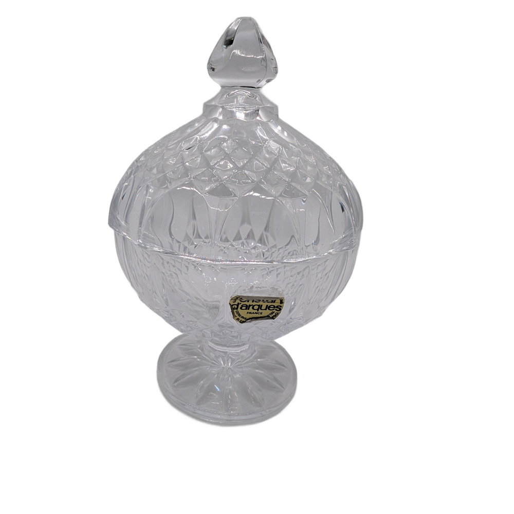 Cristal D'Arques France Lead Crystal Candy Dish Pedestal Bowl w Lid 24% Clear